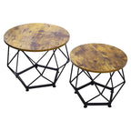 Ensemble de 2 tables basses d'extérieur rondes en acier marron avec plateau en bois