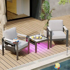 Ensemble de conversation extérieur 3 pièces en aluminium avec coussins, table d'appoint LED et pochette latérale mobile pour 2 personnes