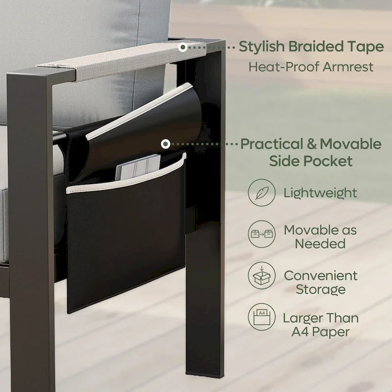 Ensemble de conversation extérieur 3 pièces en aluminium avec coussins, table d'appoint LED et pochette latérale mobile pour 2 personnes