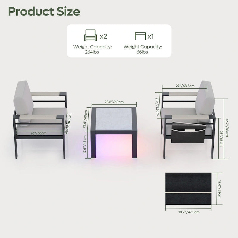 Ensemble de conversation extérieur 3 pièces en aluminium avec coussins, table d'appoint LED et pochette latérale mobile pour 2 personnes