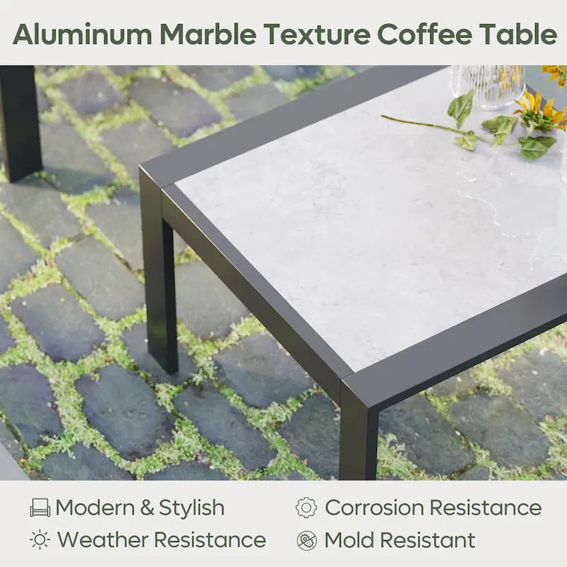 Ensemble de conversation extérieur 3 pièces en aluminium avec coussins, table d'appoint LED et pochette latérale mobile pour 2 personnes
