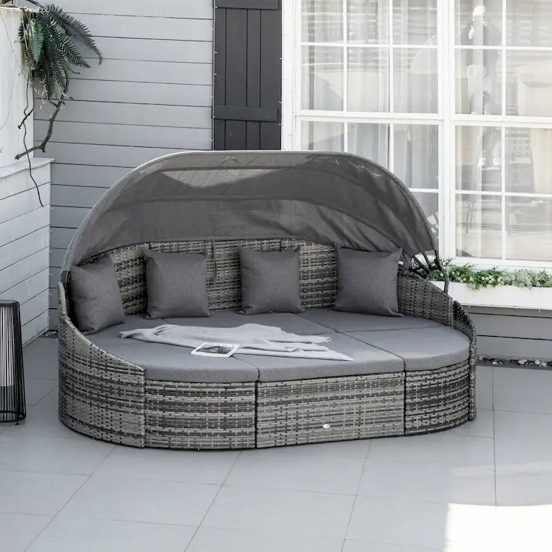 Outsunny Ensemble de 4 fauteuils de salon en rotin PE pour terrasse, Ensemble de meubles de conversation de jardin en rotin d'extérieur, Lit rond convertible en canapé