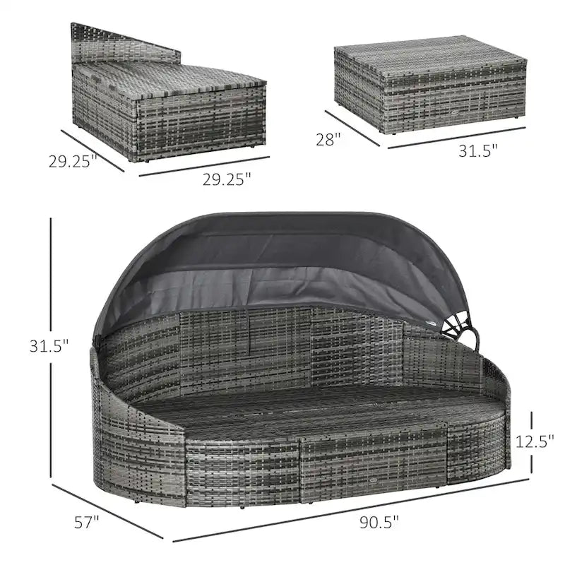 Outsunny Ensemble de 4 fauteuils de salon en rotin PE pour terrasse, Ensemble de meubles de conversation de jardin en rotin d'extérieur, Lit rond convertible en canapé