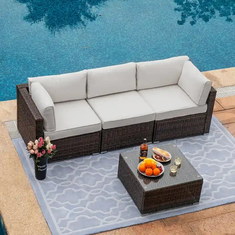 Ensemble de meubles d'extérieur COSIEST 4 pièces, sectionnel en osier marron