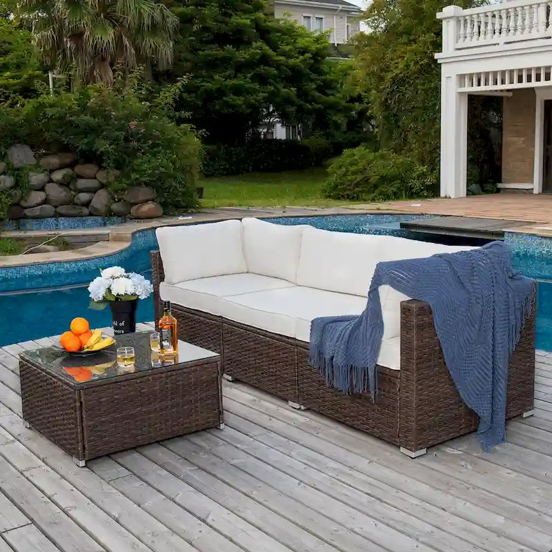 Ensemble de meubles d'extérieur COSIEST 4 pièces, sectionnel en osier marron