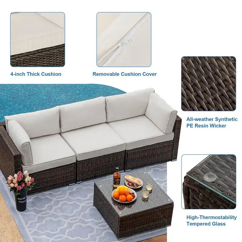 Ensemble de meubles d'extérieur COSIEST 4 pièces, sectionnel en osier marron