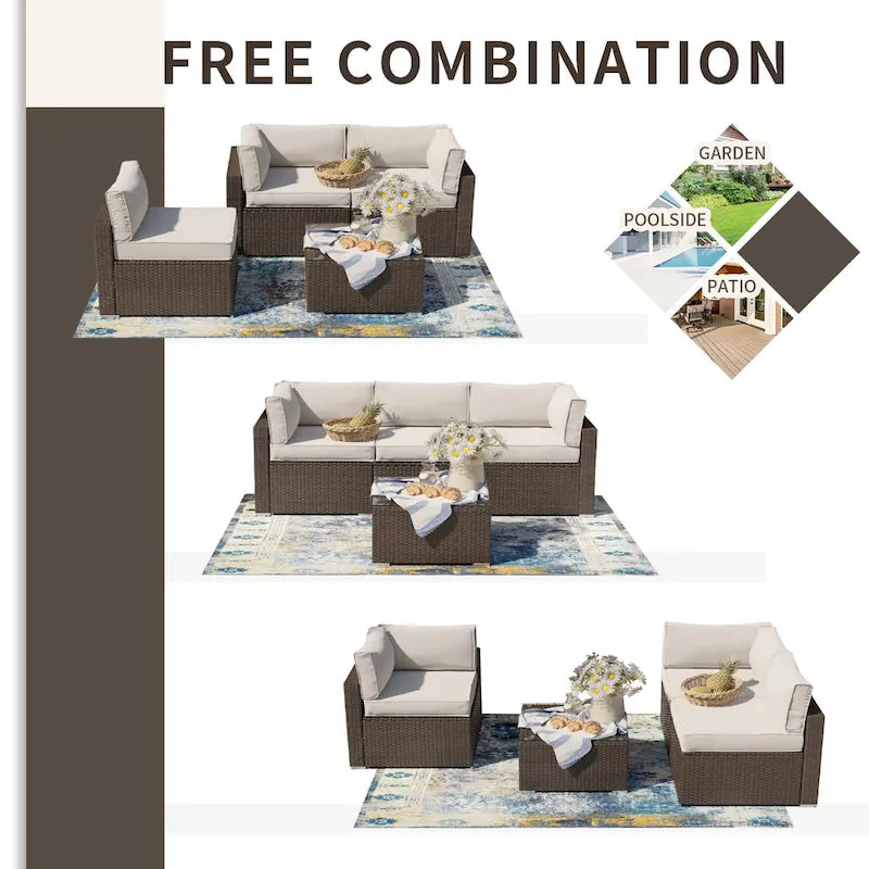 Ensemble de meubles d'extérieur COSIEST 4 pièces, sectionnel en osier marron