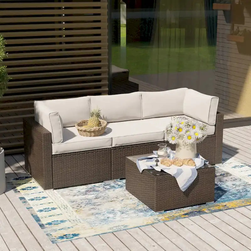 Ensemble de meubles d'extérieur COSIEST 4 pièces, sectionnel en osier marron