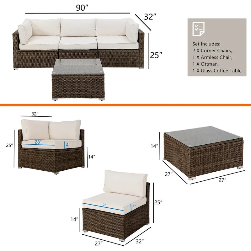 Ensemble de meubles d'extérieur COSIEST 4 pièces, sectionnel en osier marron