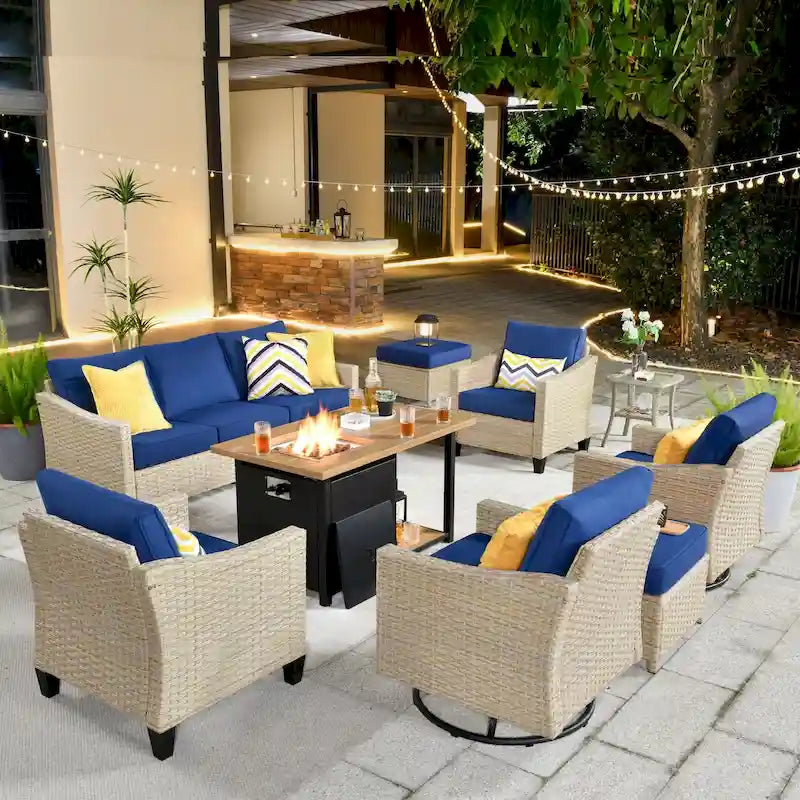 HOOOWOOO Ensemble de mobilier d'extérieur en rotin osier 9 pièces avec fauteuils à bascule pivotants