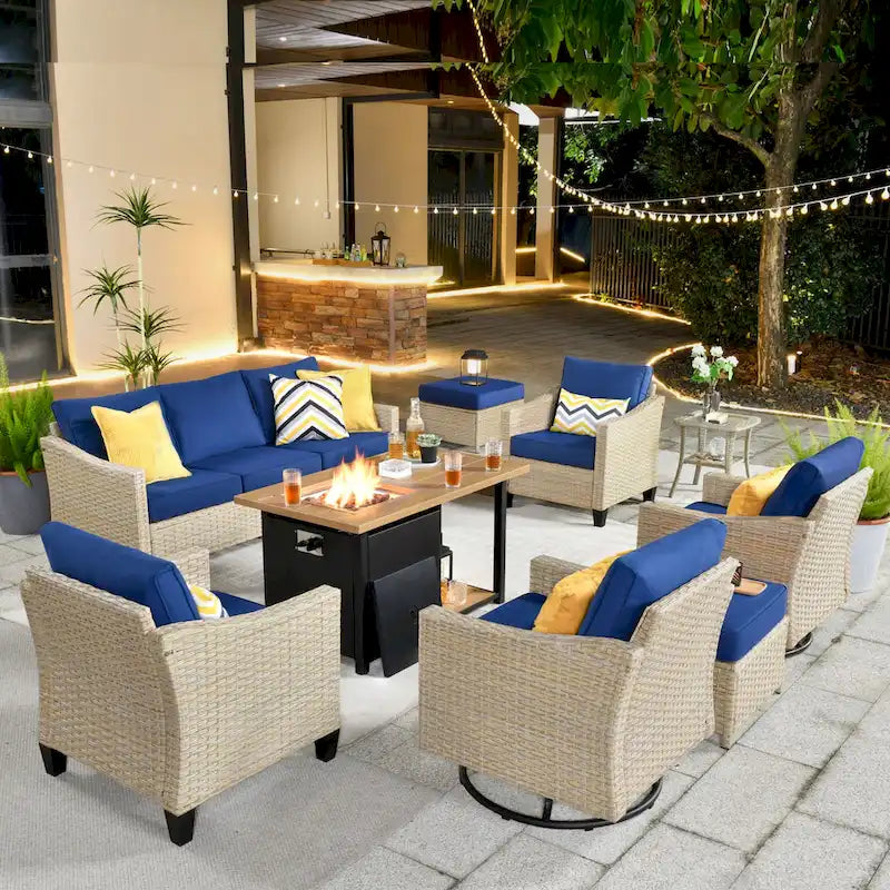 HOOOWOOO Ensemble de mobilier d'extérieur en rotin osier 9 pièces avec fauteuils à bascule pivotants