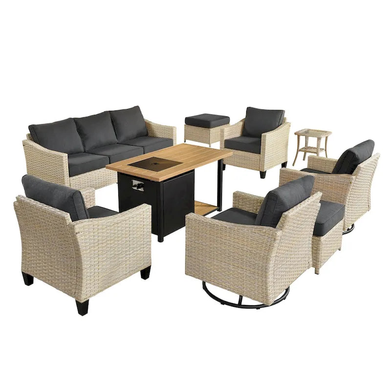 HOOOWOOO Ensemble de mobilier d'extérieur en rotin osier 9 pièces avec fauteuils à bascule pivotants