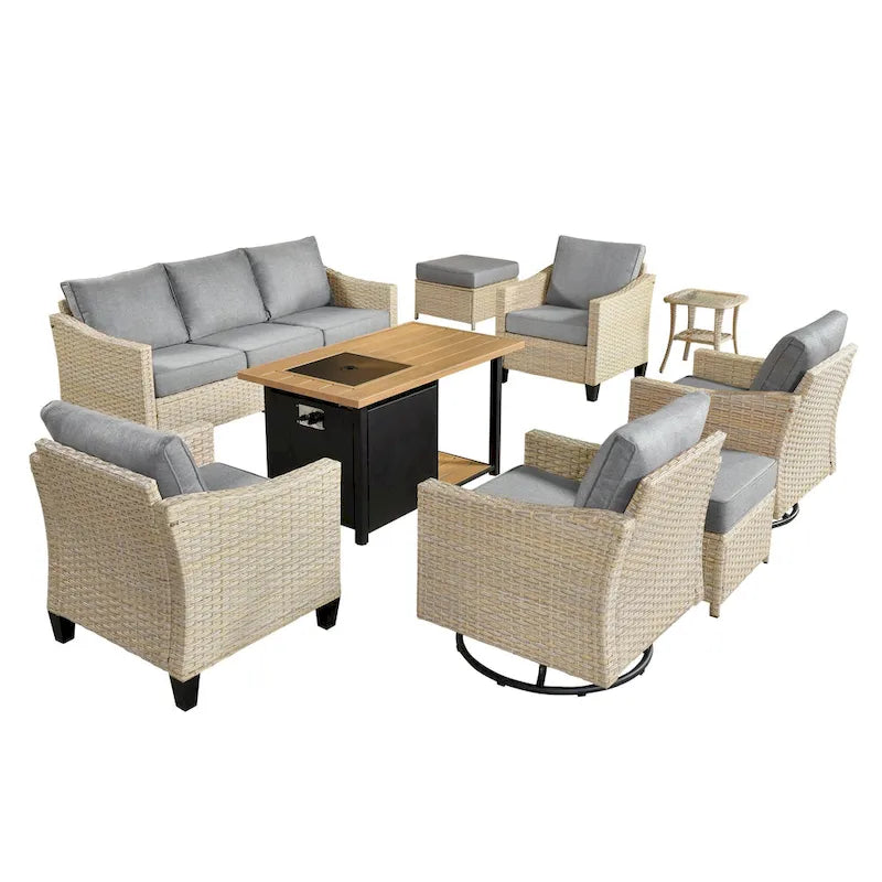 HOOOWOOO Ensemble de mobilier d'extérieur en rotin osier 9 pièces avec fauteuils à bascule pivotants