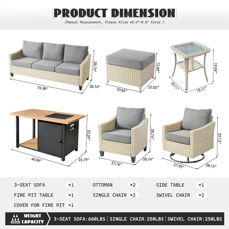 HOOOWOOO Ensemble de mobilier d'extérieur en rotin osier 9 pièces avec fauteuils à bascule pivotants