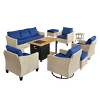 HOOOWOOO Ensemble de mobilier d'extérieur en rotin osier 9 pièces avec fauteuils à bascule pivotants
