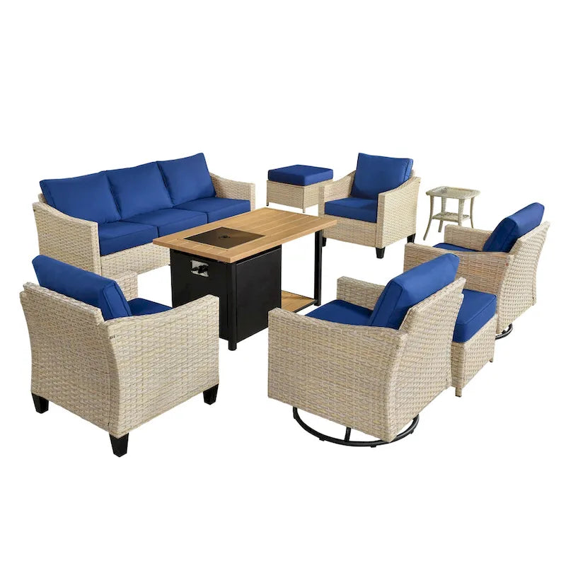 HOOOWOOO Ensemble de mobilier d'extérieur en rotin osier 9 pièces avec fauteuils à bascule pivotants