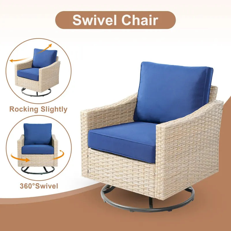 HOOOWOOO Ensemble de mobilier d'extérieur en rotin osier 9 pièces avec fauteuils à bascule pivotants