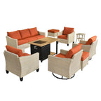 HOOOWOOO Ensemble de mobilier d'extérieur en rotin osier 9 pièces avec fauteuils à bascule pivotants