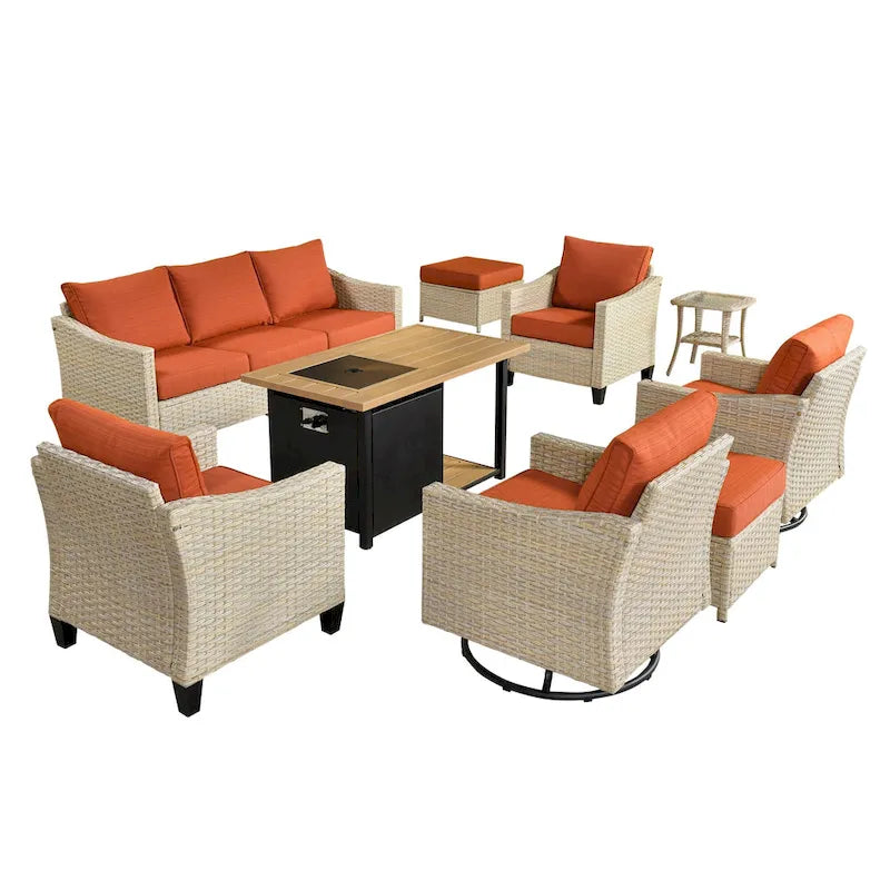 HOOOWOOO Ensemble de mobilier d'extérieur en rotin osier 9 pièces avec fauteuils à bascule pivotants