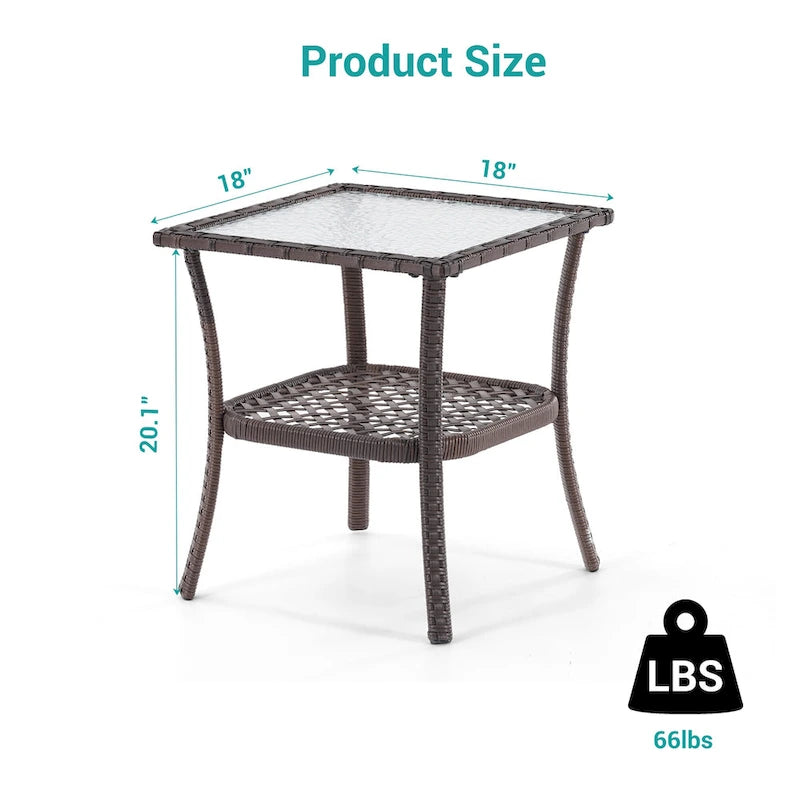 BONOSUKI Table d'appoint d'extérieur en rotin PE, plateau en verre cannelé