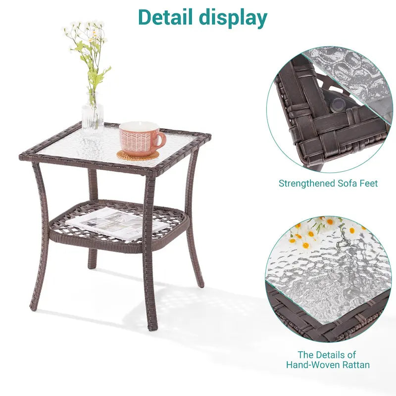 BONOSUKI Table d'appoint d'extérieur en rotin PE, plateau en verre cannelé