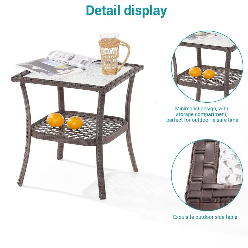 BONOSUKI Table d'appoint d'extérieur en rotin PE, plateau en verre cannelé