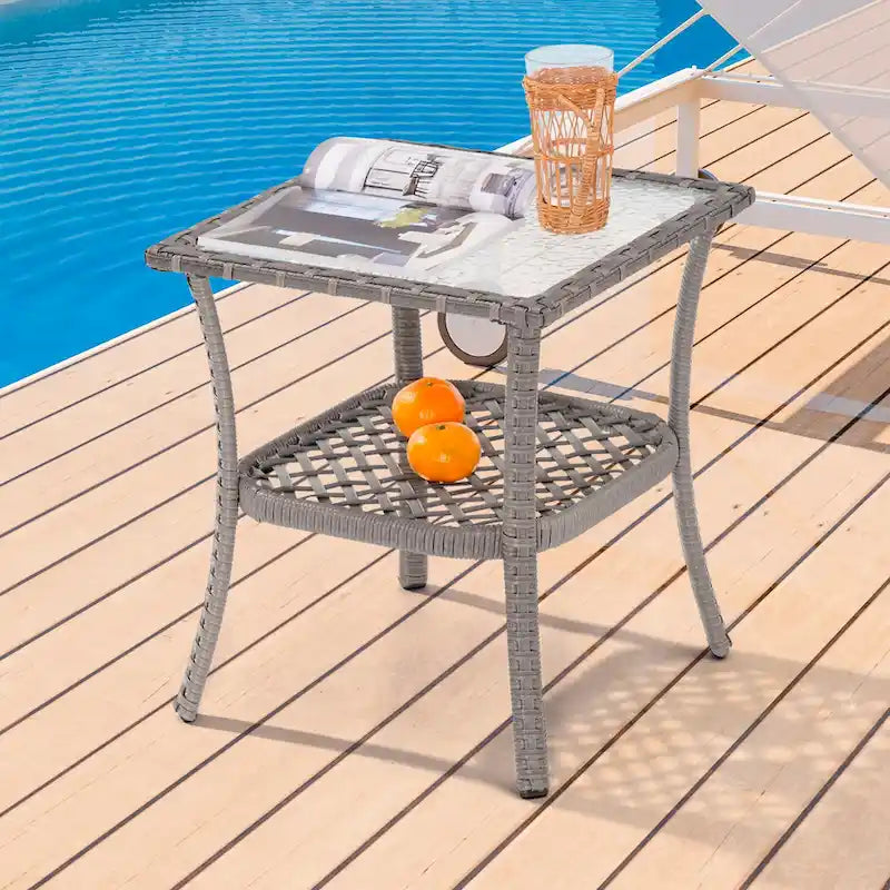 BONOSUKI Table d'appoint d'extérieur en rotin PE, plateau en verre cannelé