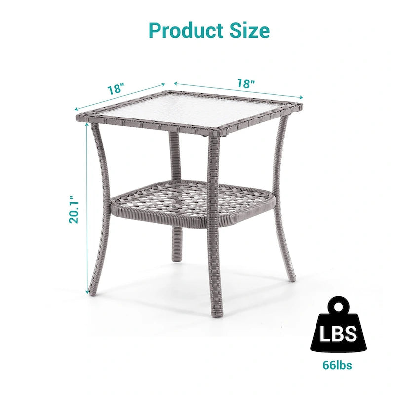 BONOSUKI Table d'appoint d'extérieur en rotin PE, plateau en verre cannelé