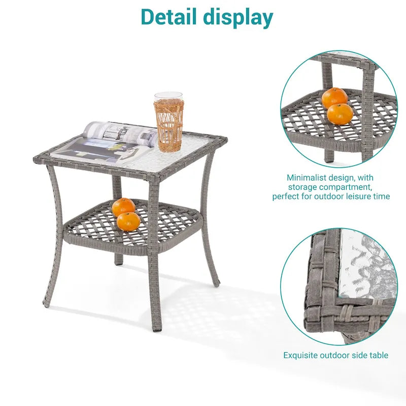 BONOSUKI Table d'appoint d'extérieur en rotin PE, plateau en verre cannelé