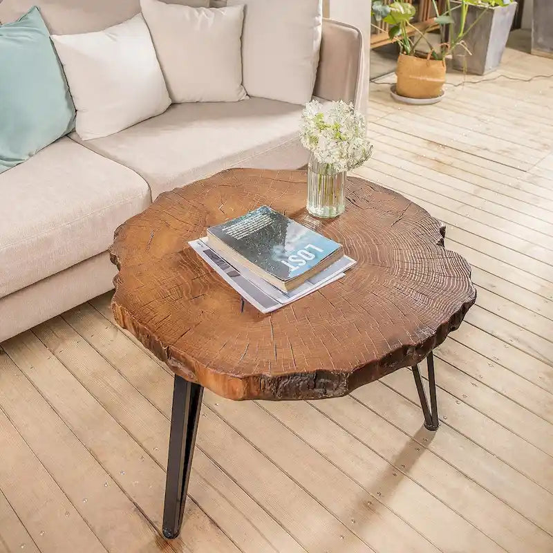 Table basse d'extérieur COSIEST en similicuir et fausse tranche d'arbre