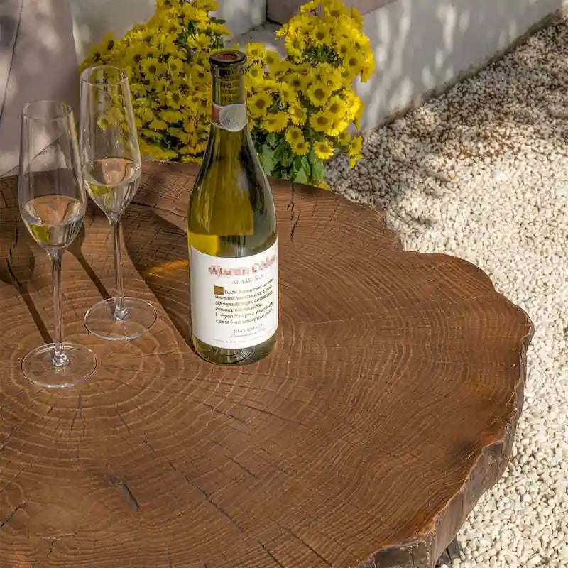 Table basse d'extérieur COSIEST en similicuir et fausse tranche d'arbre
