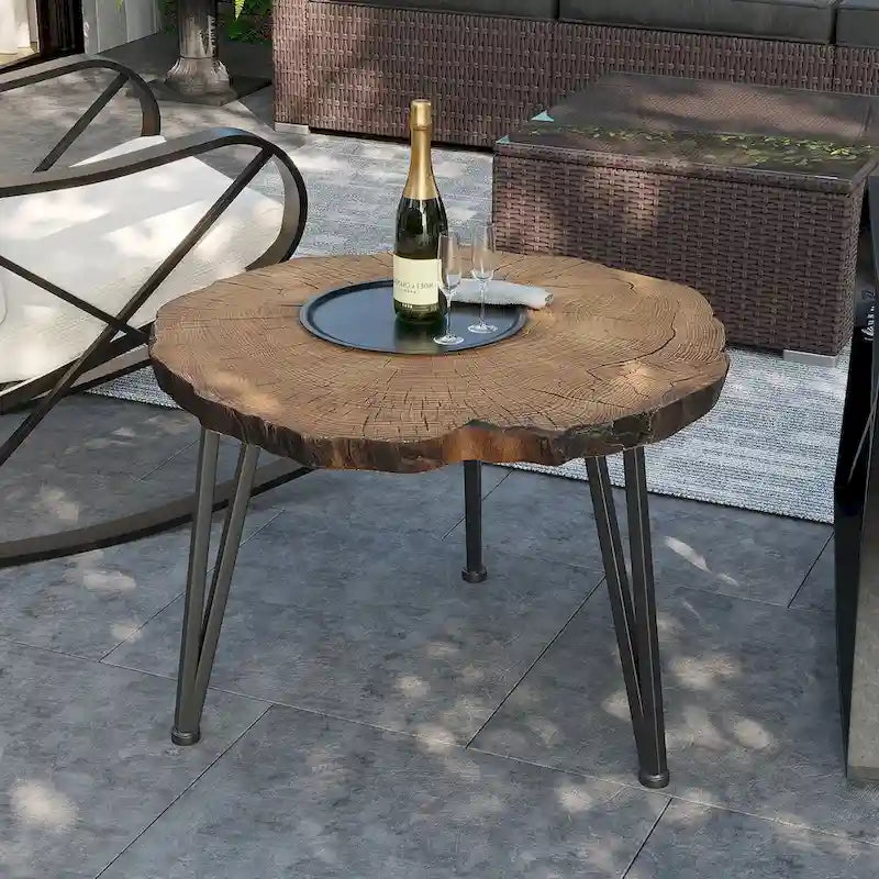 Table basse d'extérieur COSIEST en similicuir et fausse tranche d'arbre