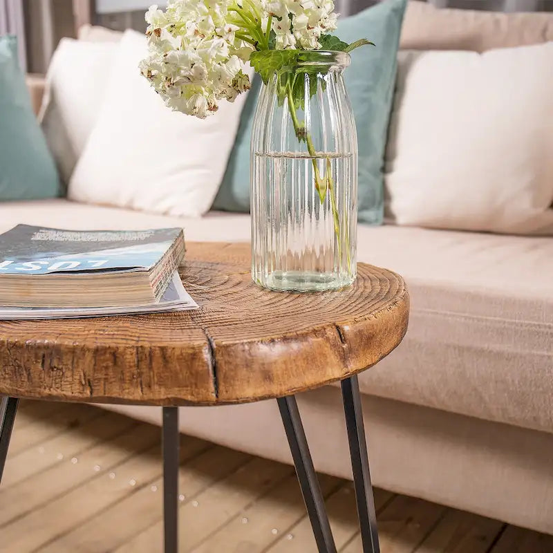 Table basse d'extérieur COSIEST en similicuir et fausse tranche d'arbre