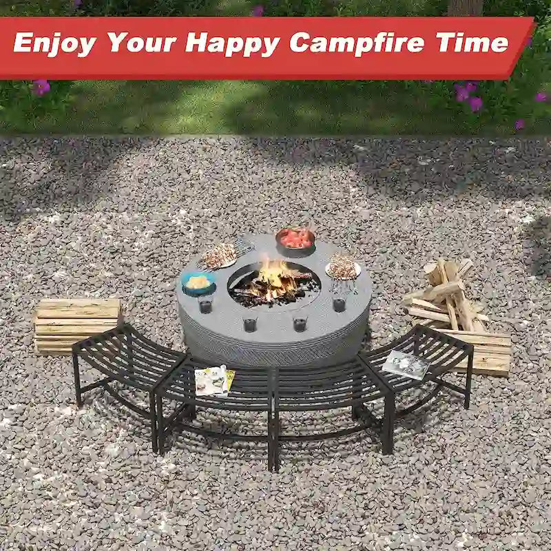 Curved Fire Pit Bench Set of 4,Metal Outside Bench Fire Pit Seating