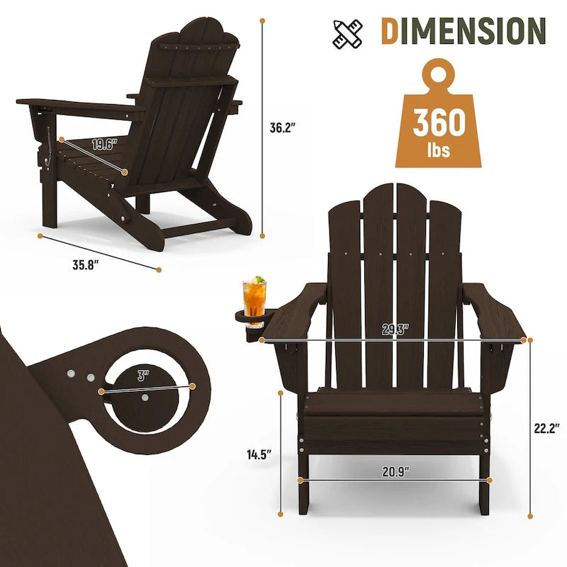 Chaise Adirondack pliante réglable en PEHD pour l'extérieur/l'intérieur