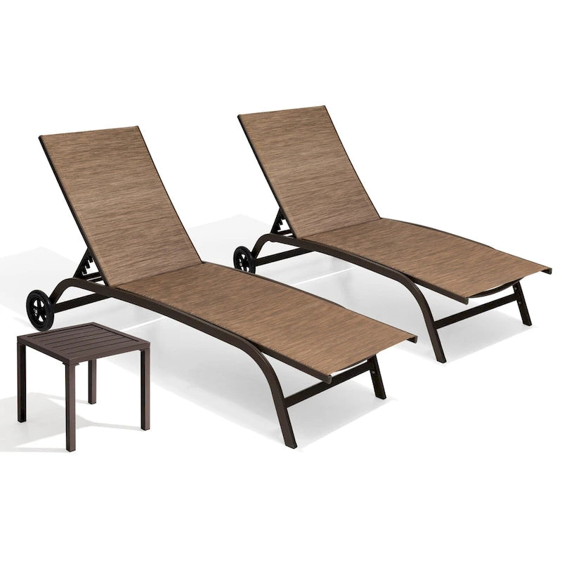 Chaises longues d'extérieur et table d'appoint, transat de patio avec roulettes ensemble 3 pièces - Voir photo