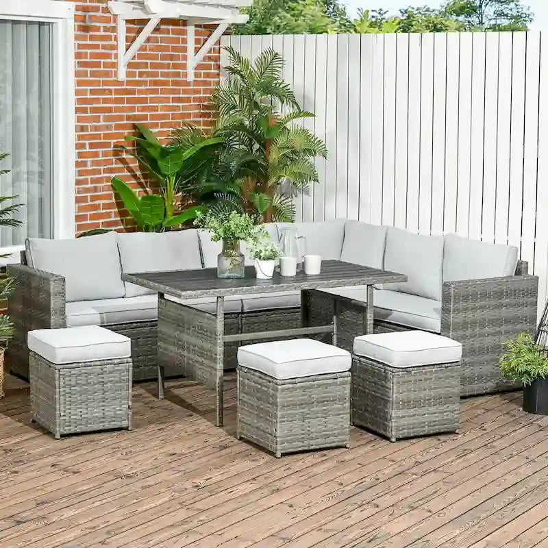 Outsunny Ensemble de Meubles de Patio en Osier 7 Pièces, Ensemble de Canapés Modulables d'Extérieur avec Table Plateau en Plastique Aspect Bois
