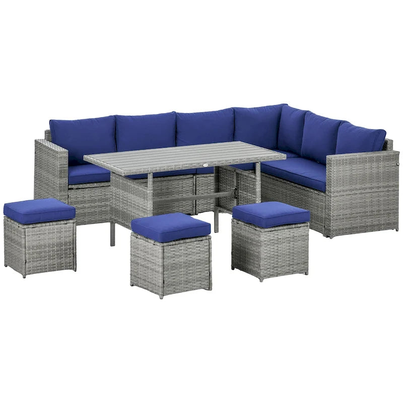 Outsunny Ensemble de Meubles de Patio en Osier 7 Pièces, Ensemble de Canapés Modulables d'Extérieur avec Table Plateau en Plastique Aspect Bois