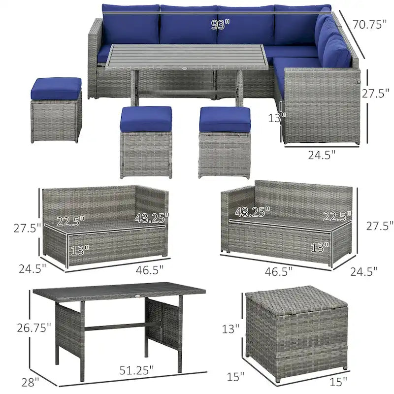 Outsunny Ensemble de Meubles de Patio en Osier 7 Pièces, Ensemble de Canapés Modulables d'Extérieur avec Table Plateau en Plastique Aspect Bois