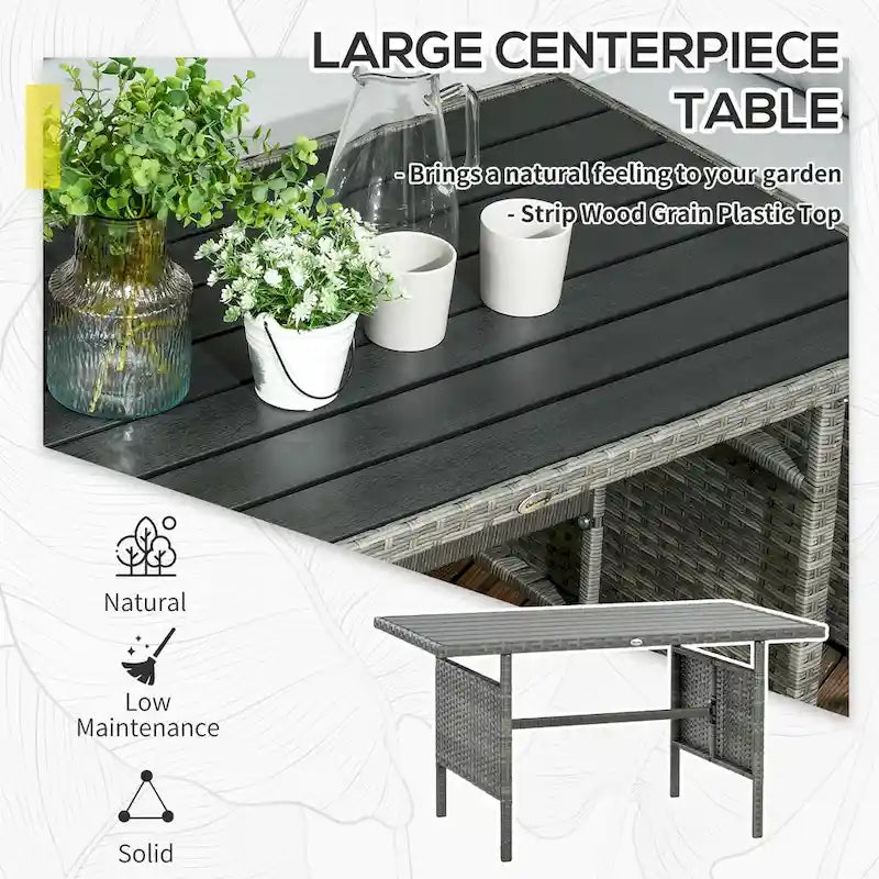 Outsunny Ensemble de Meubles de Patio en Osier 7 Pièces, Ensemble de Canapés Modulables d'Extérieur avec Table Plateau en Plastique Aspect Bois