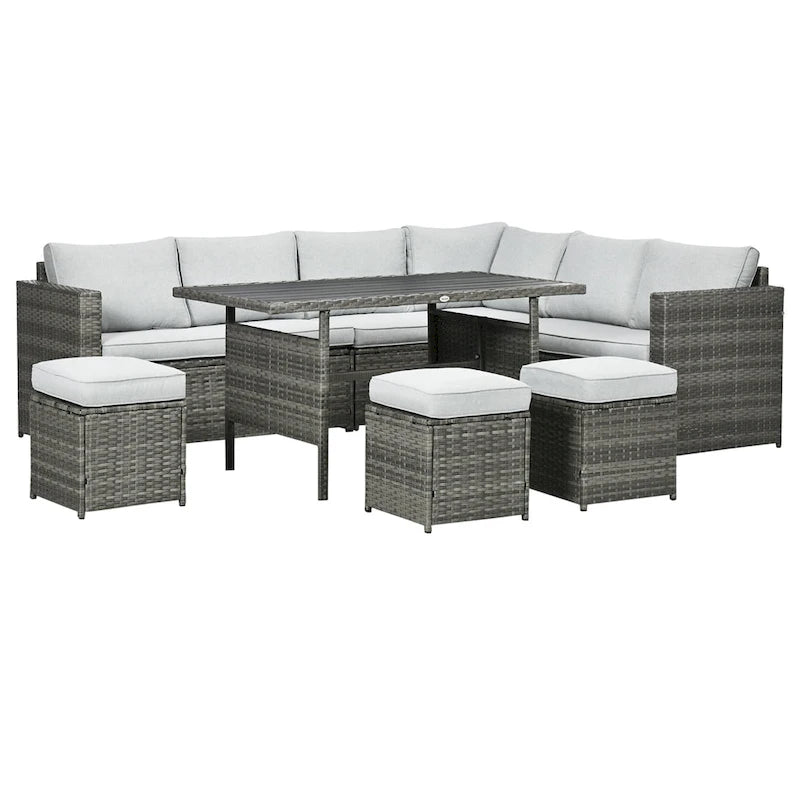 Outsunny Ensemble de Meubles de Patio en Osier 7 Pièces, Ensemble de Canapés Modulables d'Extérieur avec Table Plateau en Plastique Aspect Bois