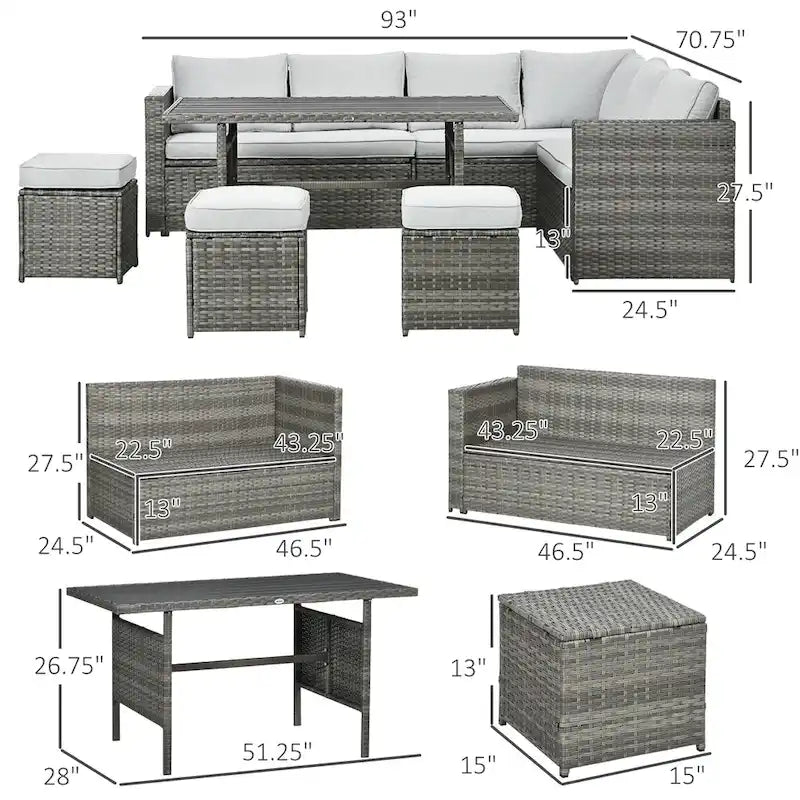 Outsunny Ensemble de Meubles de Patio en Osier 7 Pièces, Ensemble de Canapés Modulables d'Extérieur avec Table Plateau en Plastique Aspect Bois