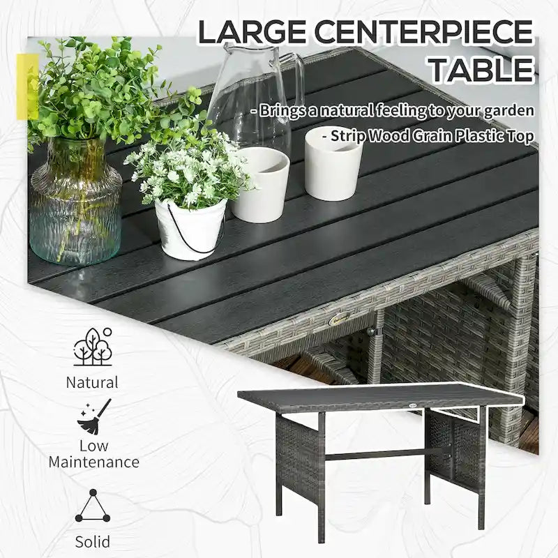 Outsunny Ensemble de Meubles de Patio en Osier 7 Pièces, Ensemble de Canapés Modulables d'Extérieur avec Table Plateau en Plastique Aspect Bois