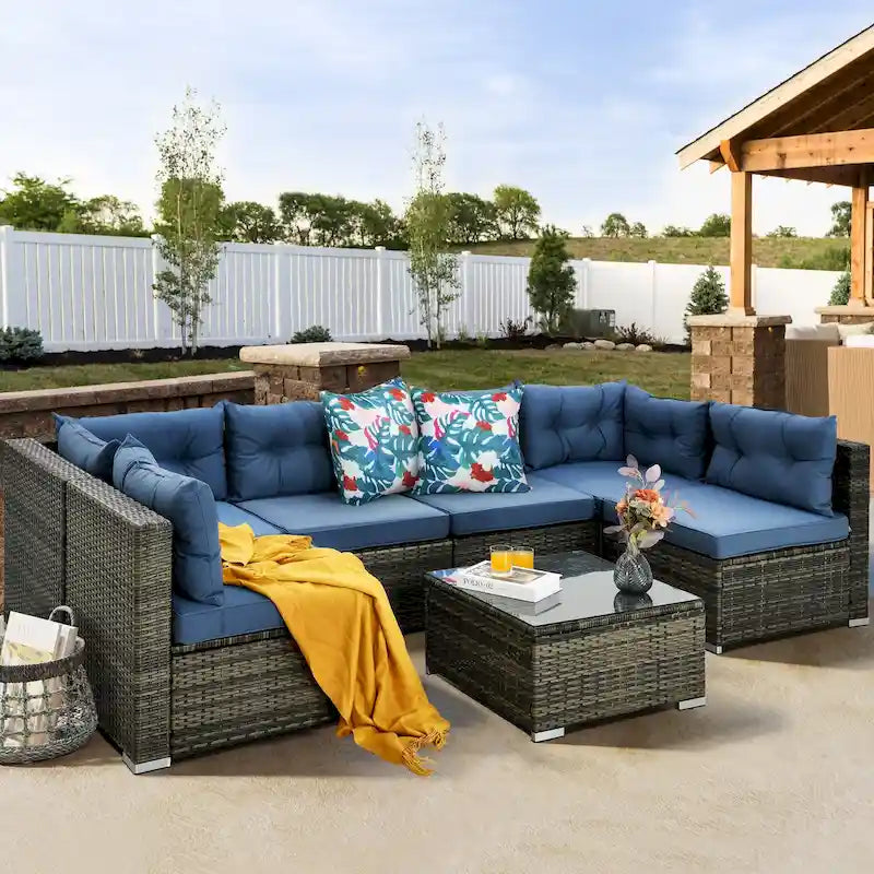 Moasis 7 Pieces Outdoor Patio Furniture Wicker Sectional Sofa Conversation Set with Coffee Table and Cushions