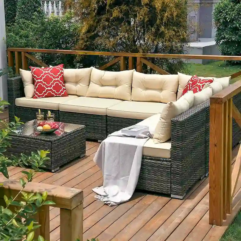 Moasis Ensemble de Conversation Extérieur de 7 Pièces, Sectionnel en Osier avec Table Basse et Coussins