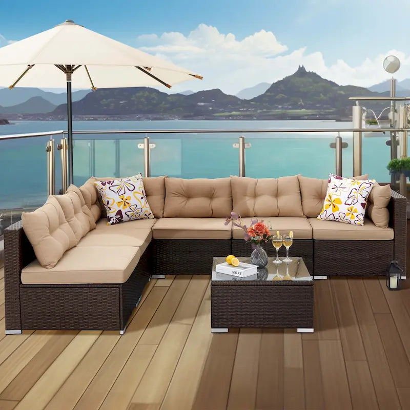 Moasis Ensemble de Conversation Extérieur de 7 Pièces, Sectionnel en Osier avec Table Basse et Coussins
