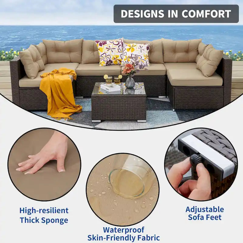 Moasis Ensemble de Conversation Extérieur de 7 Pièces, Sectionnel en Osier avec Table Basse et Coussins