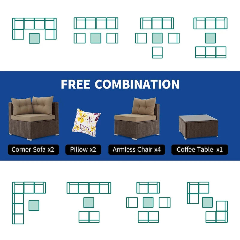 Moasis Ensemble de Conversation Extérieur de 7 Pièces, Sectionnel en Osier avec Table Basse et Coussins