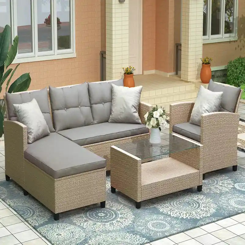 Salon, Extérieur, Ensembles de mobilier de patio, Canapé sectionnel en rotin 4 pièces avec coussins d'assise