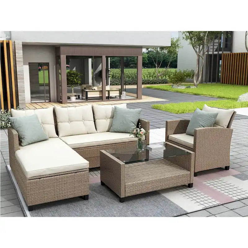 Salon, Extérieur, Ensembles de mobilier de patio, Canapé sectionnel en rotin 4 pièces avec coussins d'assise